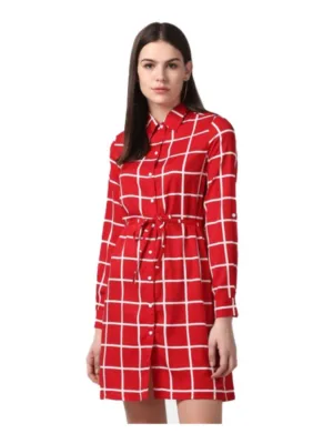 Generic Women's Polyester Checkered Long Sleeves Above Knee Dress (Red)