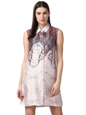 Generic Women's Polyester Printed Sleeveless Above Knee Dress (Orange)