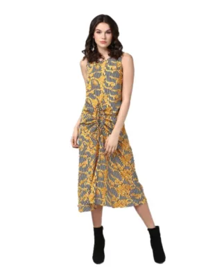 Generic Women's Polyester Chain Print Sleeveless Below Knee Dress (Yellow - Black)