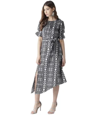 Generic Women's Polyester Animal Print Short Sleeve Knee-Length Dress (Black - White)