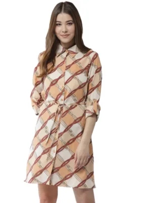 Generic Women's Polyester Printed Roll Up Sleeve Above Knee Dress (Off White - Brown)