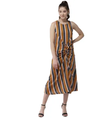 Generic Women's Polyester Striped Sleeveless Below Knee Dress (Mustard)