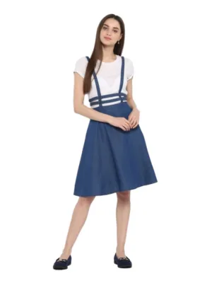 Generic Women's Denim Solid Shoulder Straps Below Knee Dress (Blue)