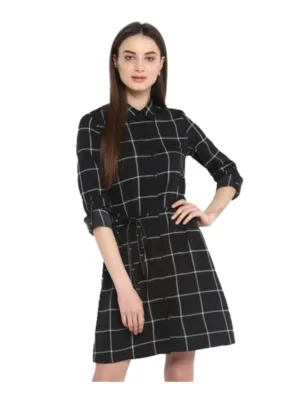 Generic Women's Polyester Checkered Roll Up Sleeve Above Knee Dress (Black - White)