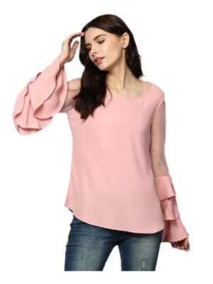 Generic Women's Polyester Solid Tier Sleeve Top (Pink)