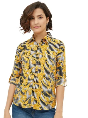 Generic Women's Polyester Printed Roll Up Sleeve Standard Length Shirt (Mustared)