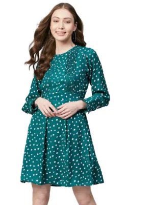 Generic Women's Polyester Polka Long Sleeves Above Knee Dress (Green - White)