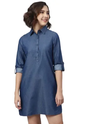 Generic Women's Denim Solid Long Sleeves Above Knee Dress (Navy Blue)