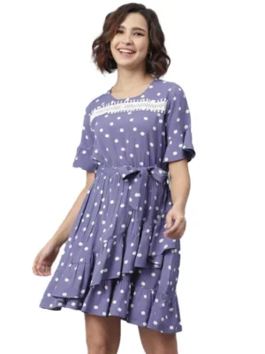 Generic Women's Polyester Polka Bell Sleeve Above Knee Dress (Lavender)