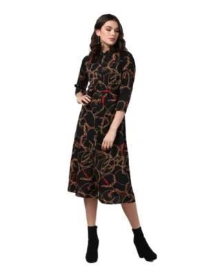 Generic Women's Polyester Chain Print Roll Up Sleeve Below Knee Dress (Black - Yellow)