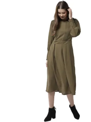 Generic Women's Polyester Pintuck Long Sleeves Below Knee Dress (Olive)