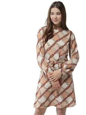 Generic Women's Polyester Checkered Long Sleeves Above Knee Dress (Off White - Brown)