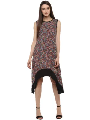 Generic Women's Polyester Printed Sleeveless Knee-Length Dress (Multicolor)
