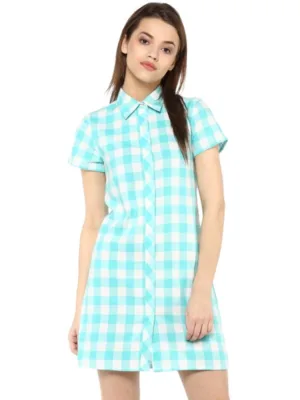 Generic Women's Rayon Checkered Short Sleeve Above Knee Dress (SkuBlue - White)