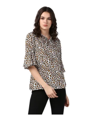 Generic Women's Polyester Animal Print Bell Sleeve Top (Orange - Black)