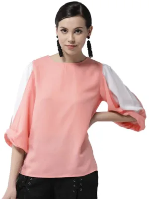 Generic Women's Polyester Colour Block Slit Sleeve Top (Pink)
