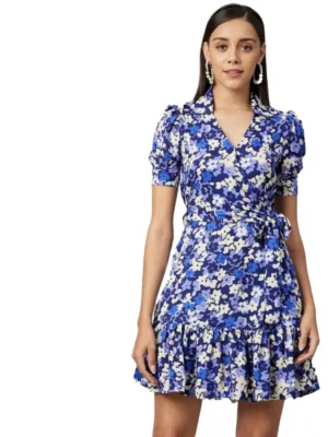 Generic Women's Polyester Floral Short Sleeve Above Knee Dress (Blue - Purple)