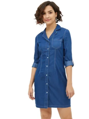 Generic Women's Denim Solid Long Sleeves Above Knee Dress (Blue)
