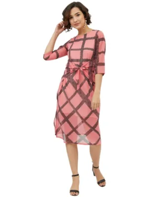 Generic Women's Polyester Checkered 3-4th Sleeves Below Knee Dress (Pink)