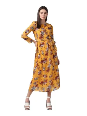 Generic Women's Polyester Floral Long Sleeves Calf-length Dress (Yellow)