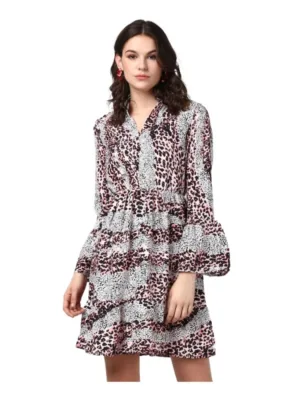 Generic Women's Polyester Animal Print Bell Sleeve Above Knee Dress (Pink - Black)