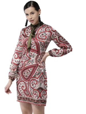 Generic Women's Polyester Printed Long Sleeves Above Knee Dress (Red)