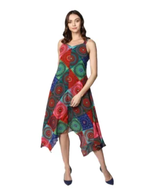 Generic Women's Polyester Asymmetrical Shoulder Straps Knee-Length Dress (Multicolor)