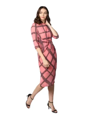 Generic Women's Polyester Checkered 3-4th Sleeves Below Knee Dress (Pink - Black)