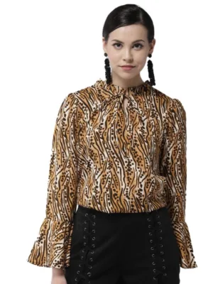 Generic Women's Polyester Printed Bell Sleeve Top (Orange - Black)
