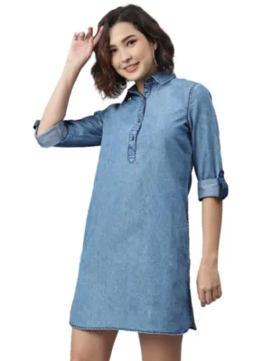 Generic Women's Denim Solid Long Sleeves Above Knee Dress (Ice Blue)