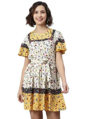 Generic Women's Polyester Floral Flutter Above Knee Dress (Multicolor)