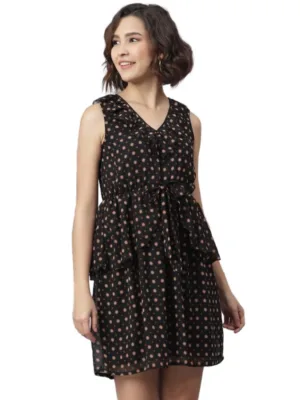 Generic Women's Polyester Peplum Sleeveless Above Knee Dress (Black)