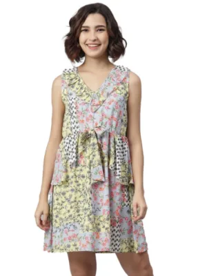 Generic Women's Polyester Peplum Sleeveless Above Knee Dress (Multicolor)