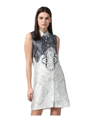 Generic Women's Polyester Printed Sleeveless Above Knee Dress (Blue)