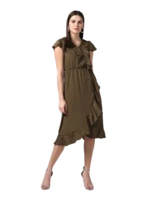 Generic Women's Polyester Ruffled Cap Sleeve Knee-Length Dress (Olive)