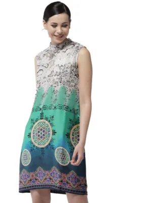 Generic Women's Polyester Printed Sleeveless Above Knee Dress (Multicolor)