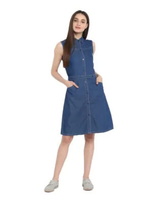 Generic Women's Denim Solid Sleeveless Above Knee Dress (Blue)