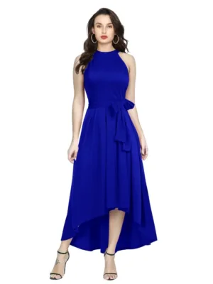 Generic Women's Polyster Solid Halter Neck Sleeveless Dress (Royal Blue)