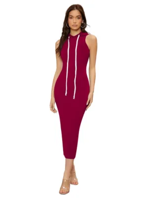 Generic Women's Knitting stretchable Solid Round Neck Sleeveless Dress (Maroon)