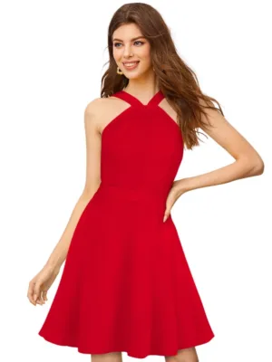 Generic Women's Knitting stretchable Solid Halter Neck Sleeveless Dress (Red )