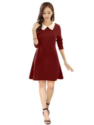 Generic Women's Polyester Solid Collar 3-4th Dress (Maroon)