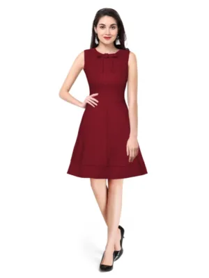 Generic Women's Polyester Solid Round Neck Sleeveless Dress (Maroon)