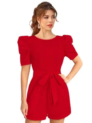 Generic Women's Knitting stretchable Solid Round Neck 3-4 Puff Sleeve Dress (Red )