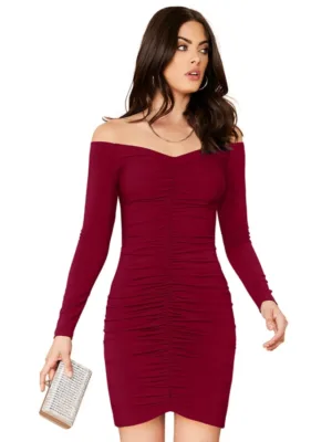 Generic Women's Knitting stretchable Solid V Neck Full Sleeve Dress (Maroon)