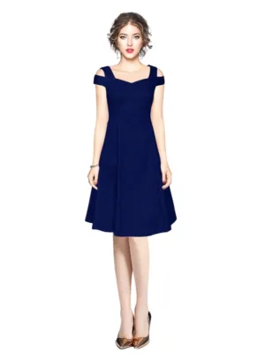 Generic Women's Polyester Solid V Neck Cap Sleeve off Shoulder Dress (Blue)