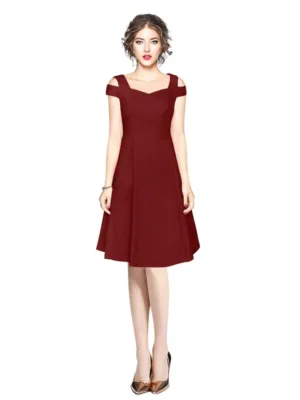 Generic Women's Polyester Solid V Neck Cap Sleeve off Shoulder Dress (Maroon)