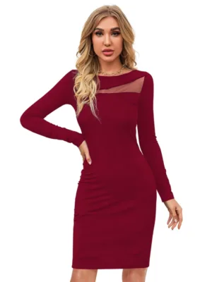 Generic Women's Knitting stretchable Solid Round Neck Full Sleeve Dress (Maroon)