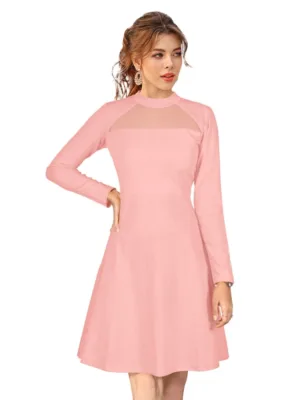 Generic Women's Knitting stretchable Solid Round Neck Full Sleeve Dress (Peach)
