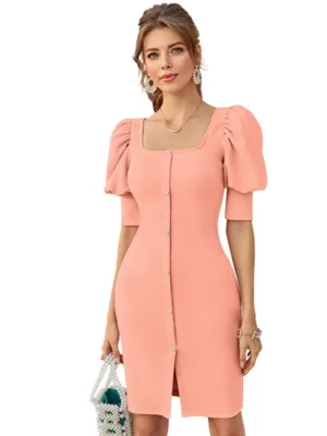 Generic Women's Knitting stretchable Solid Square Neck 3-4 Puff Sleeve Dress (Peach)