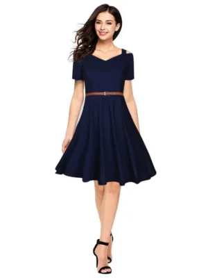 Generic Women's Polyester Solid V Neck Cap Sleeve Dress (Blue)
